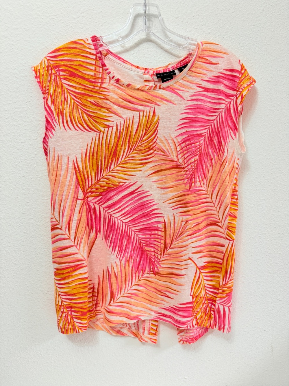 100% Linen Tropical Palm Leaf Top Pink Orange Cap Sleeve Tahari S